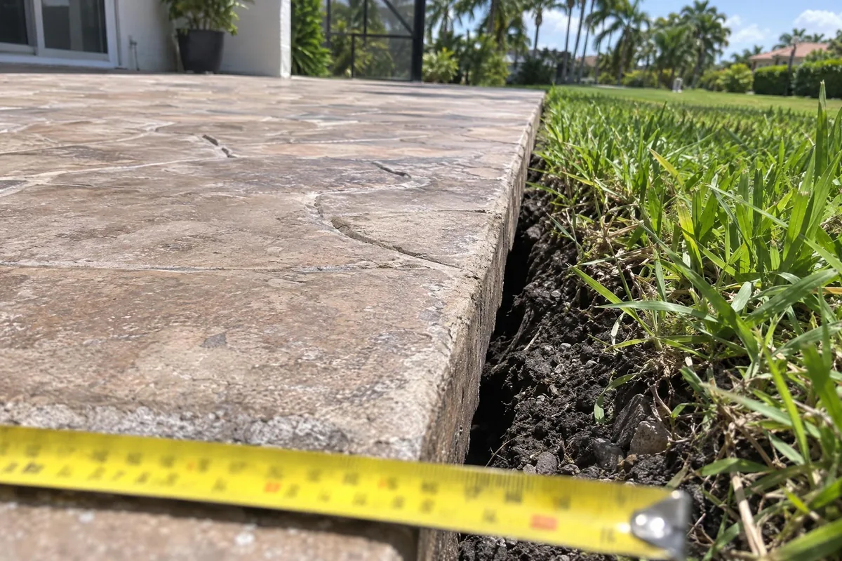 A patio slab edge sunken below the lawn with a tape measure beside it