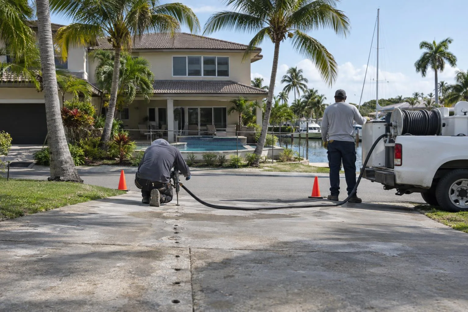 Two workers lifting a sunken concrete driveway slab beside a work truck at a Florida stucco home