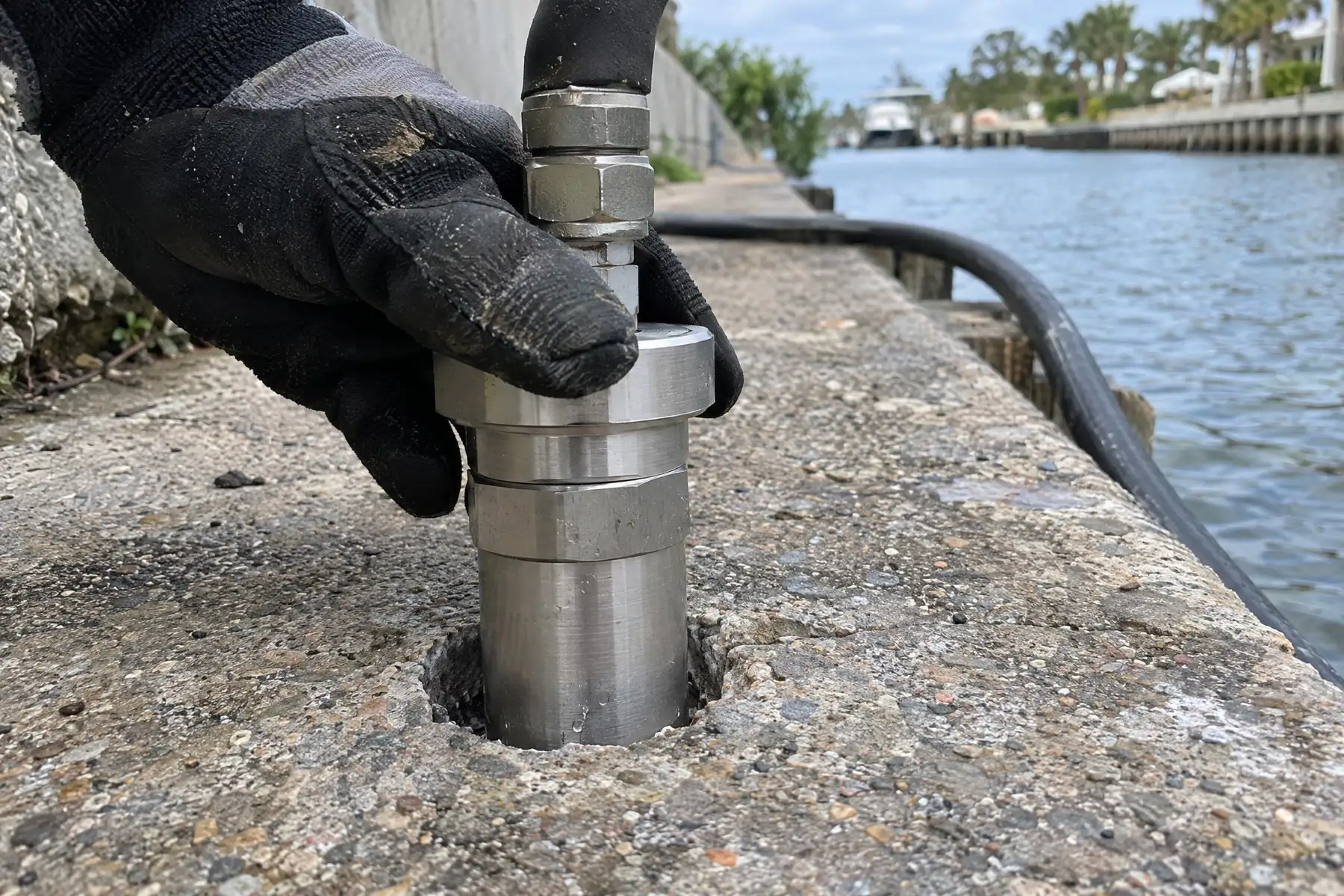 A gloved hand holding a steel injection port in a drilled hole in a concrete walkway beside a canal