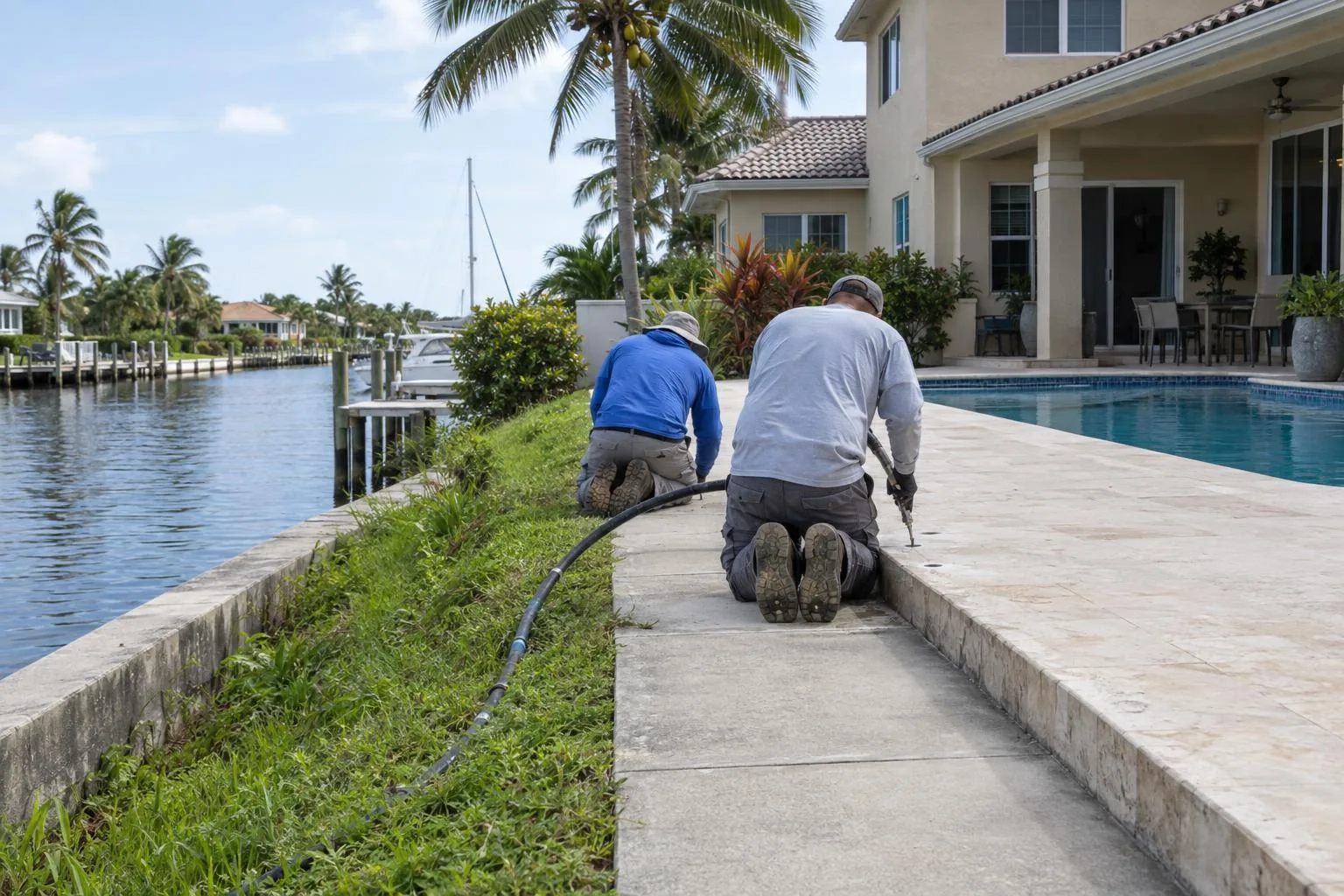 Workers at a raised sidewalk panel with an injection hose and a small drilled hole