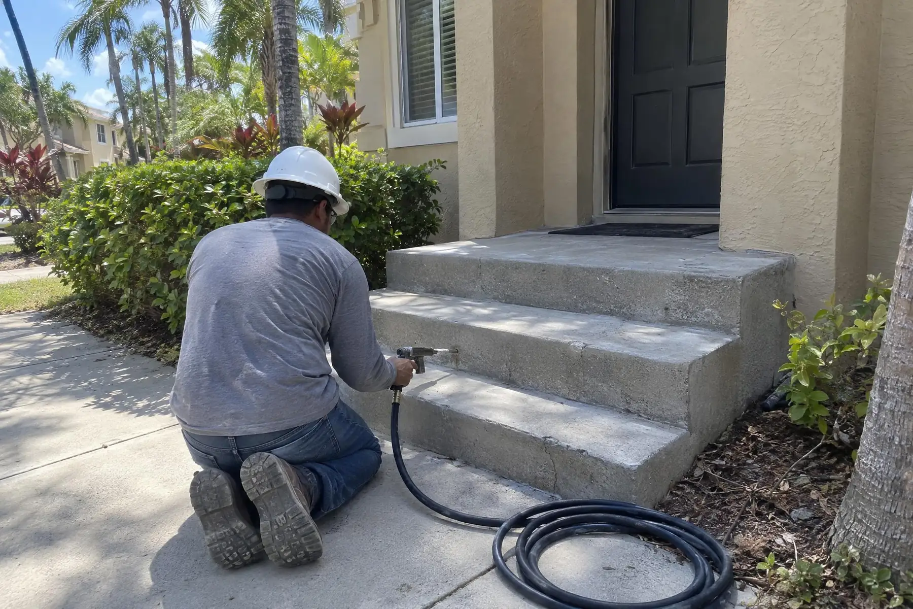 A worker in a hard hat kneeling at concrete front steps with an injection hose